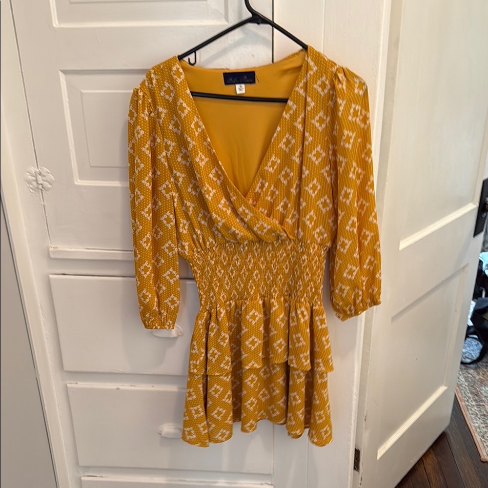 Francesca's Collections Gold Wrap Mini Dress with 3/4 Sleeves
